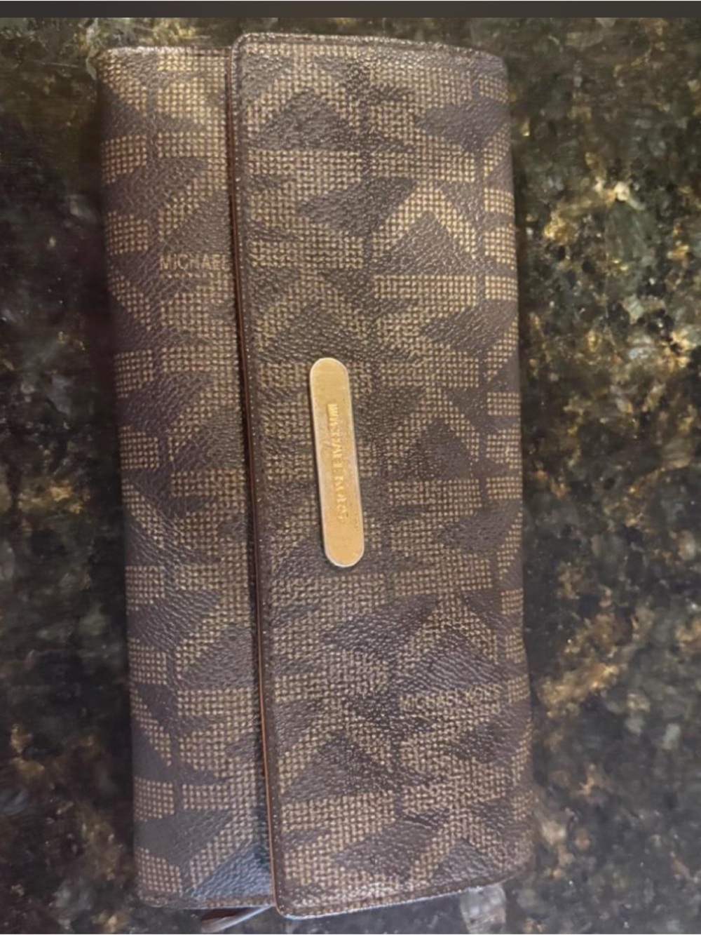Michael Kors Dark Brown Signature Continental Wallet with Gold Plate